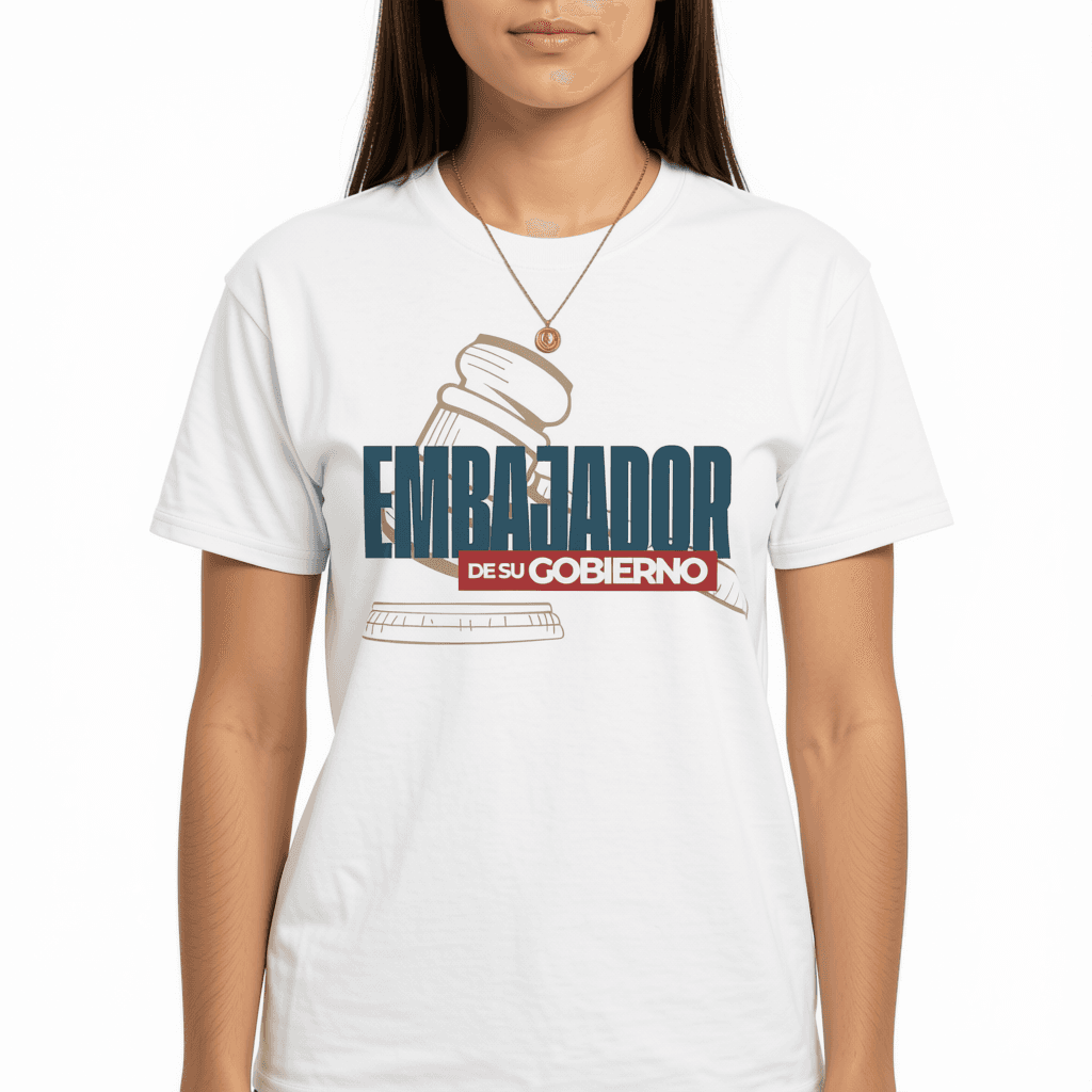 Elizabet Maria facing away in the studio, pointing at the Mark 16:15 verse printed on the back of the Embajador de Su Gobierno tee