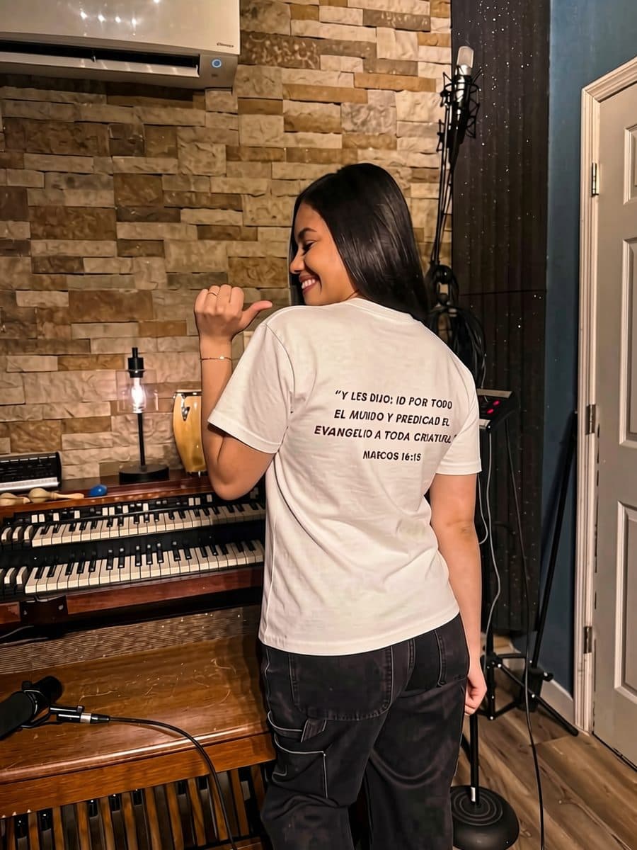 Elizabet Maria de espaldas en el estudio, señalando el verso de Marcos 16:15 impreso en la espalda de la camiseta Embajador de Su Gobierno