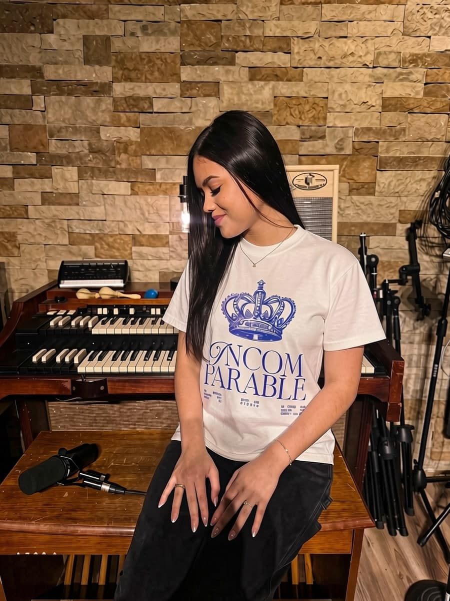 Elizabet Maria wearing the Incomparable tee, seated at the organ in the studio